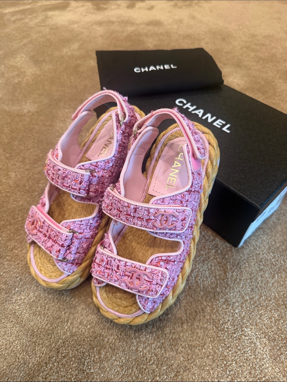 CHANEL Pink Tweed Braided Espadrille Sandals